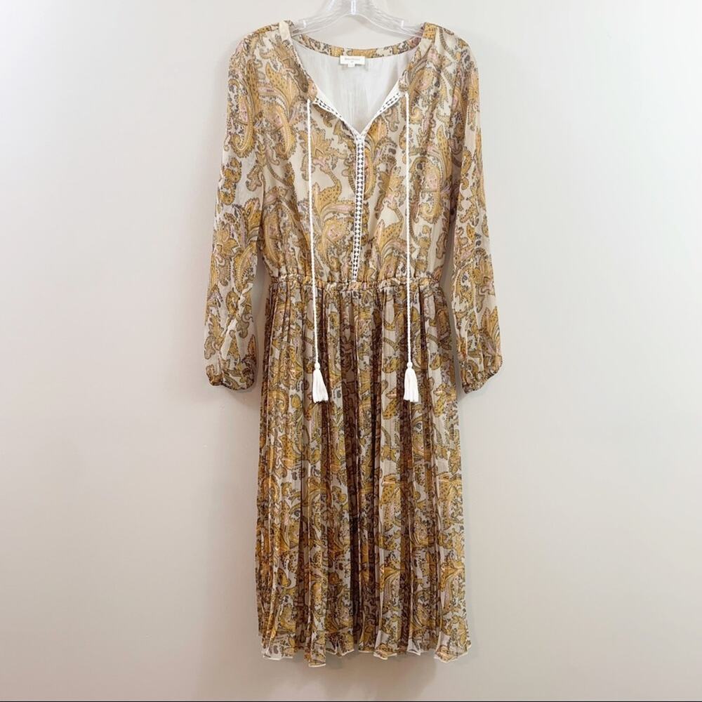 World Market Paisley Pleated Long Sleeve Tassels Tan/Mustard/Pink Midi Dress